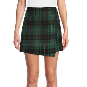 No Boundaries Junior's Flannel Faux Wrap Skirt Green Plaid NWOT